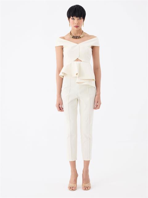 Yüksek Belli Nervür Dikişli Sigara Paça Pantolon - Ekru