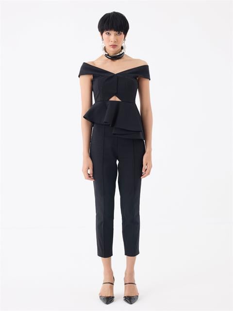 Yüksek Belli Nervür Dikişli Sigara Paça Pantolon - Siyah