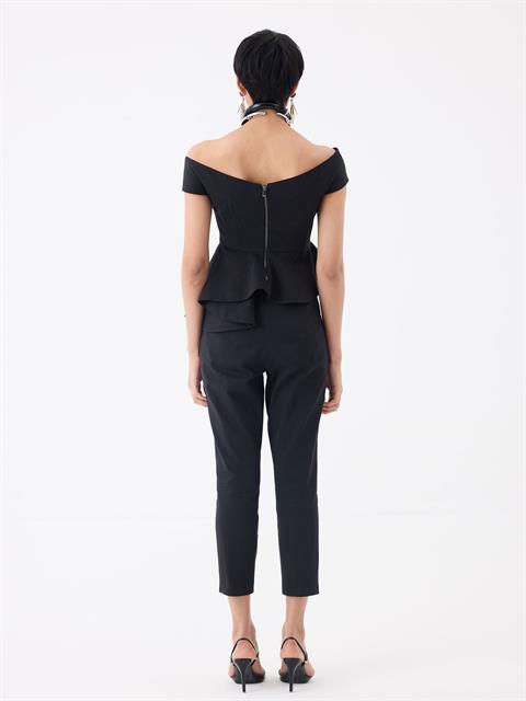 Yüksek Belli Nervür Dikişli Sigara Paça Pantolon - Siyah