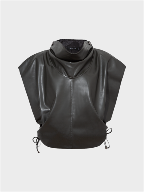 Yüksek Yakalı Kolsuz Deri Yelek - Haki