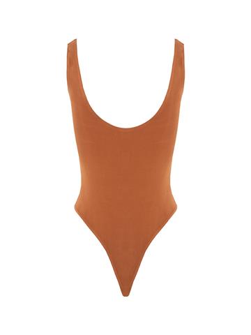 Yüzücü Atlet Kesim Alttan Çıtçıtlı Body - Taba