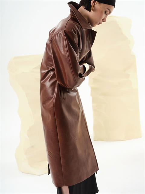 Zeytin Çekirdeğinden Üretilmiş Vegan Deri Tasarım Mont  -  Kahve