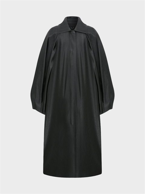 Zeytin Çekirdeğinden Üretilmiş Vegan Deri Balon Kollu Uzun Mont - Siyah 