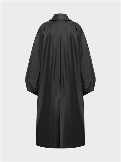 Zeytin Çekirdeğinden Üretilmiş Vegan Deri Balon Kollu Uzun Mont - Siyah 