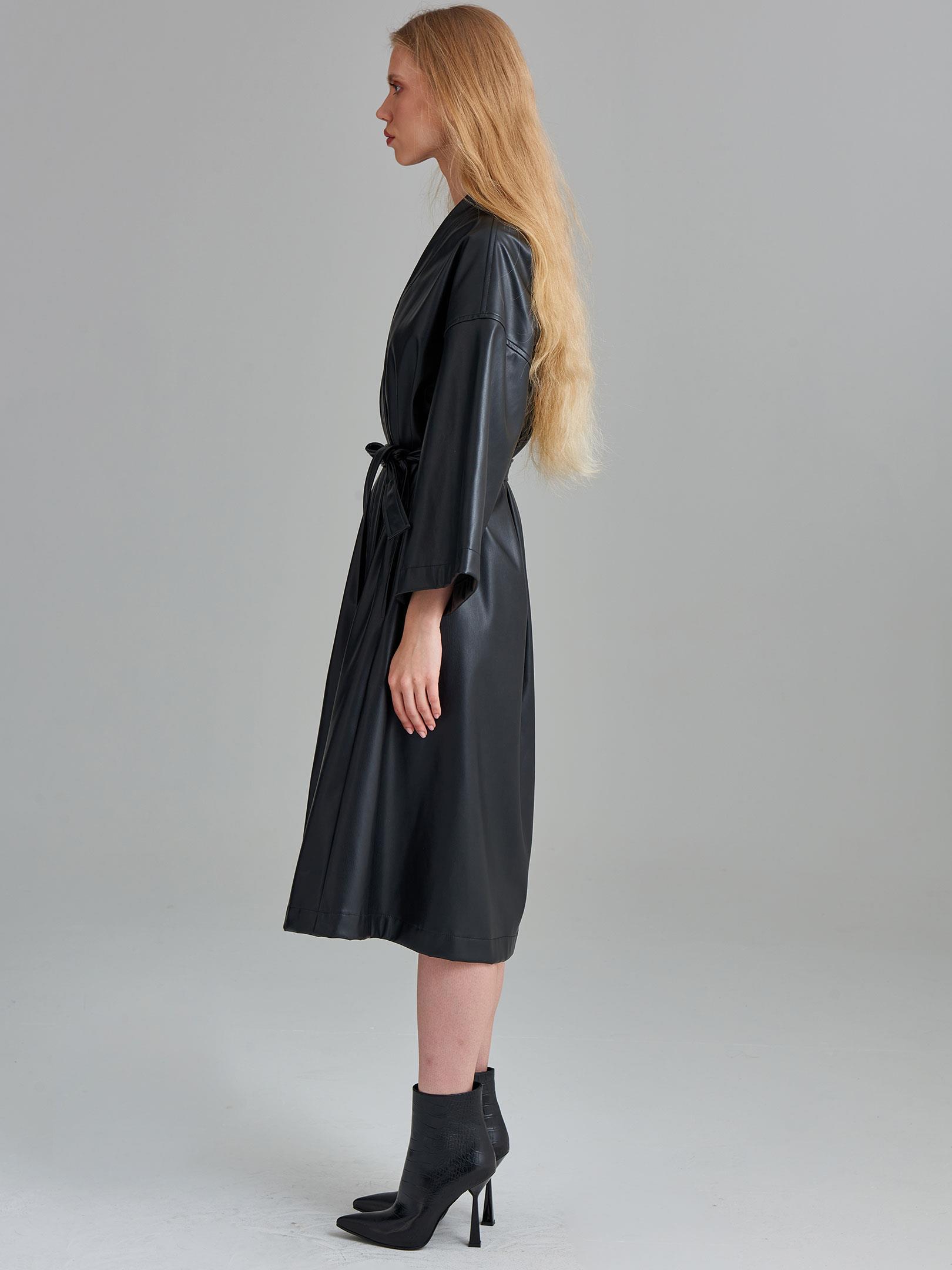 Belted Vegan Leather Long Kimono - Black - Rivus Belted Vegan Leather Long Kimono - Black - Rivus