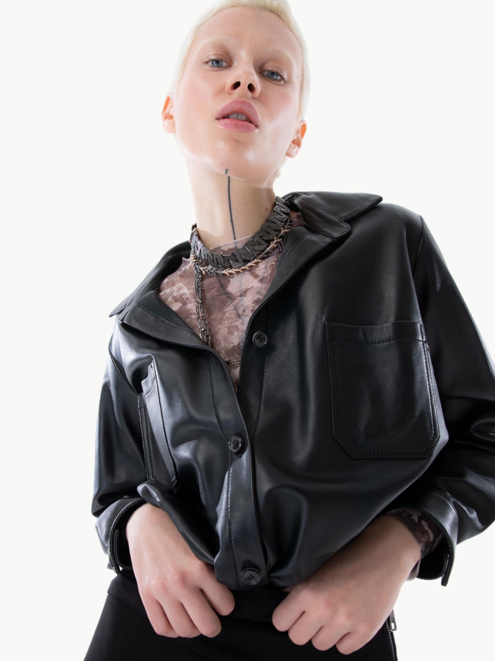 Belted Wrap Leather Shirt - Black - Rivus