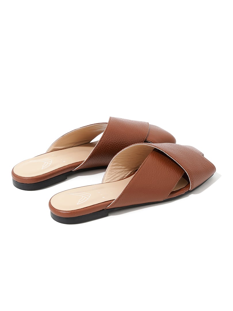Cross Detailed Leather Flat Slippers Brown