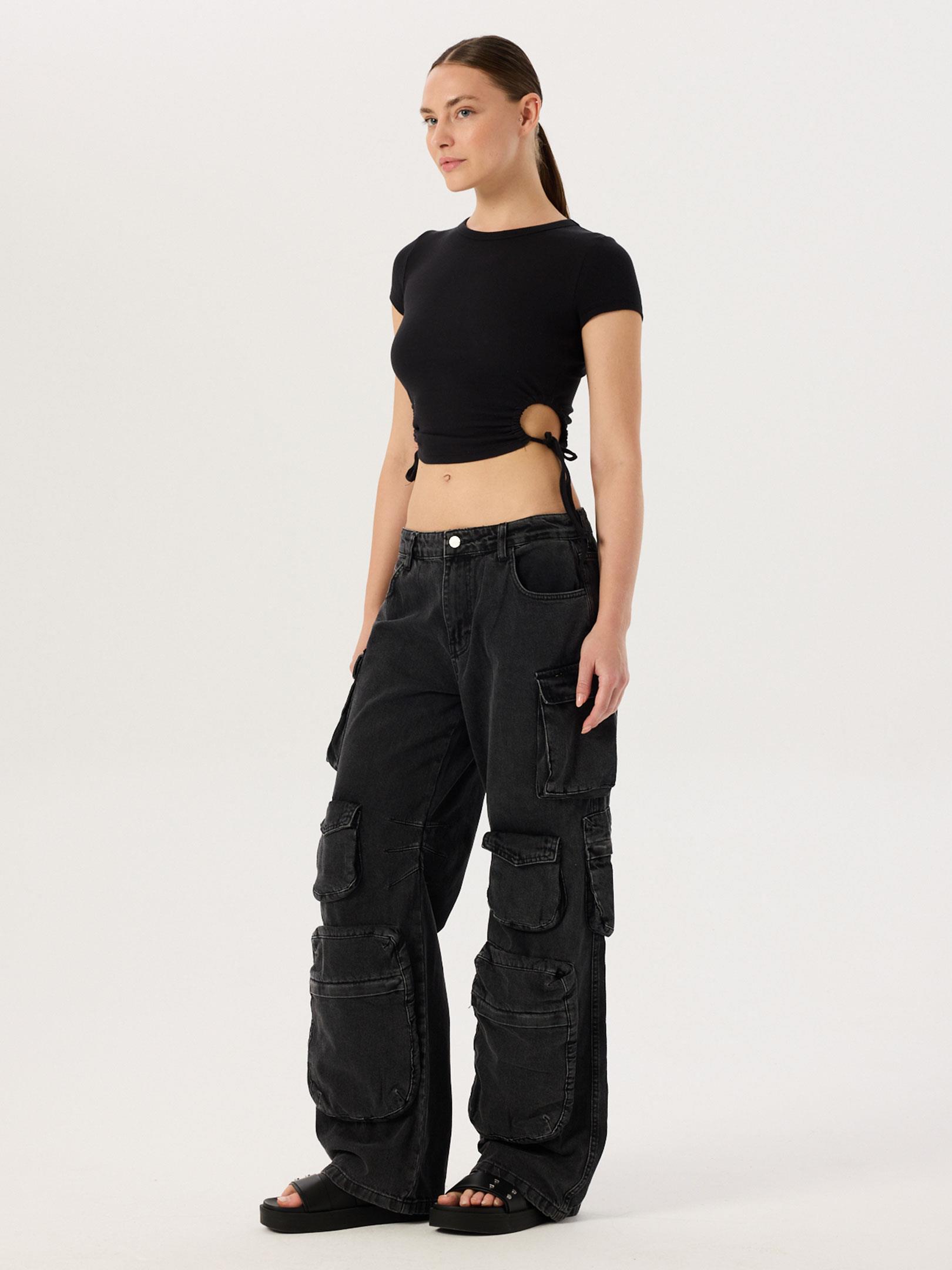 Cargo Denim Pants With Pockets Black Rivus
