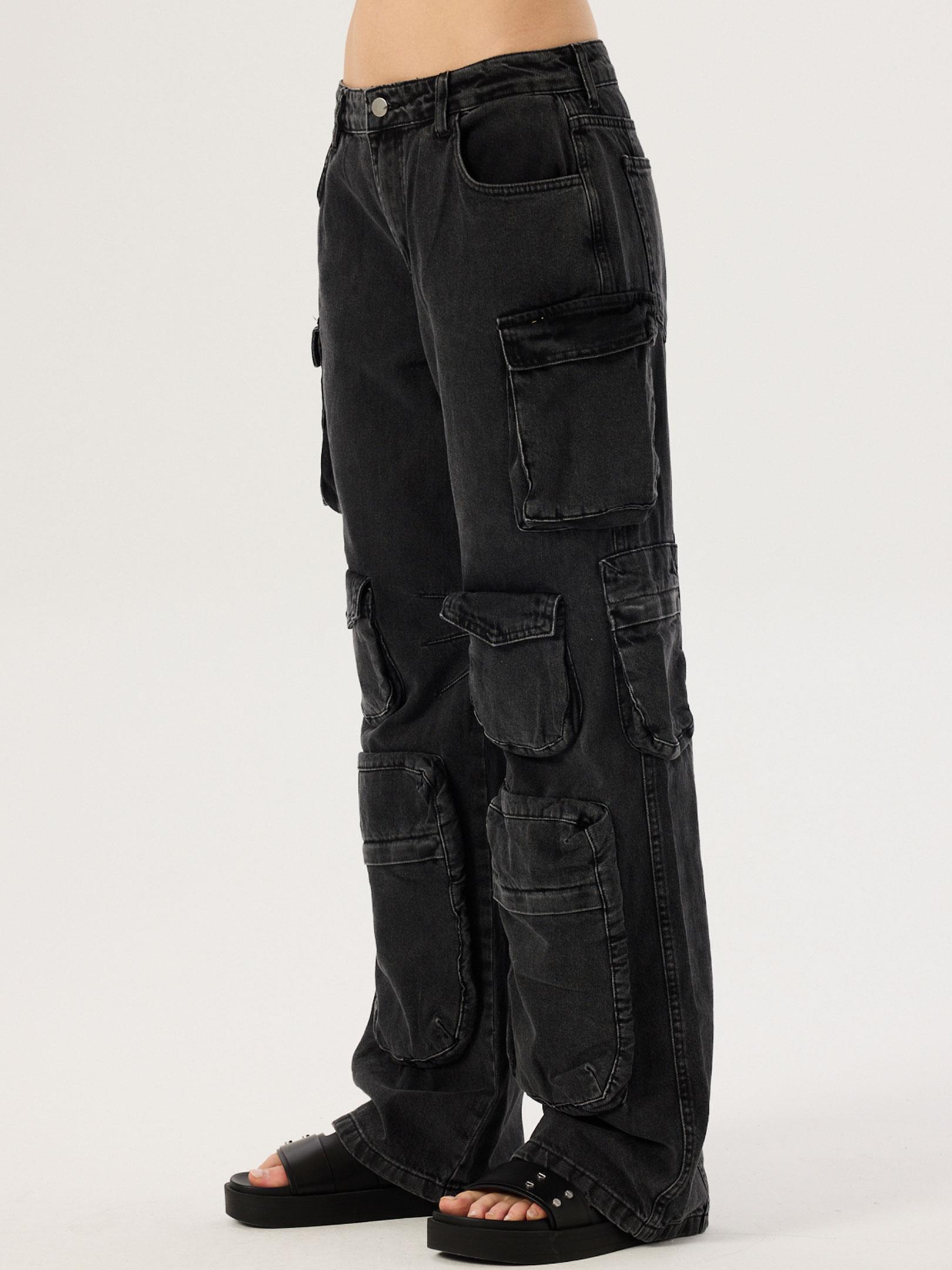 Cargo Denim Pants With Pockets Black