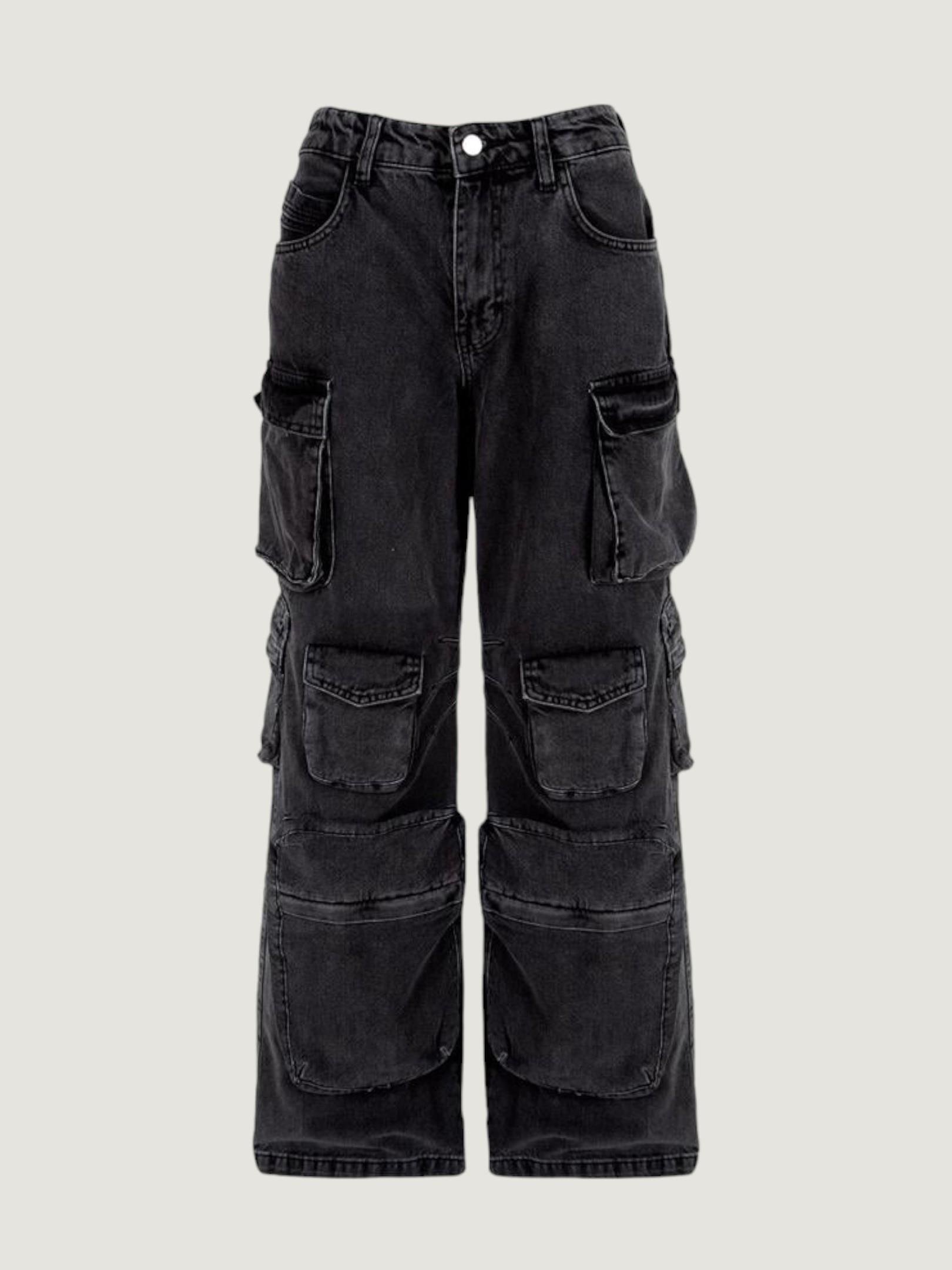 【YOURNUS】Press Pocket Black Cargo Denim Verdusa Men's Flap Pocket Zipper Fly Wide Leg Casual Denim