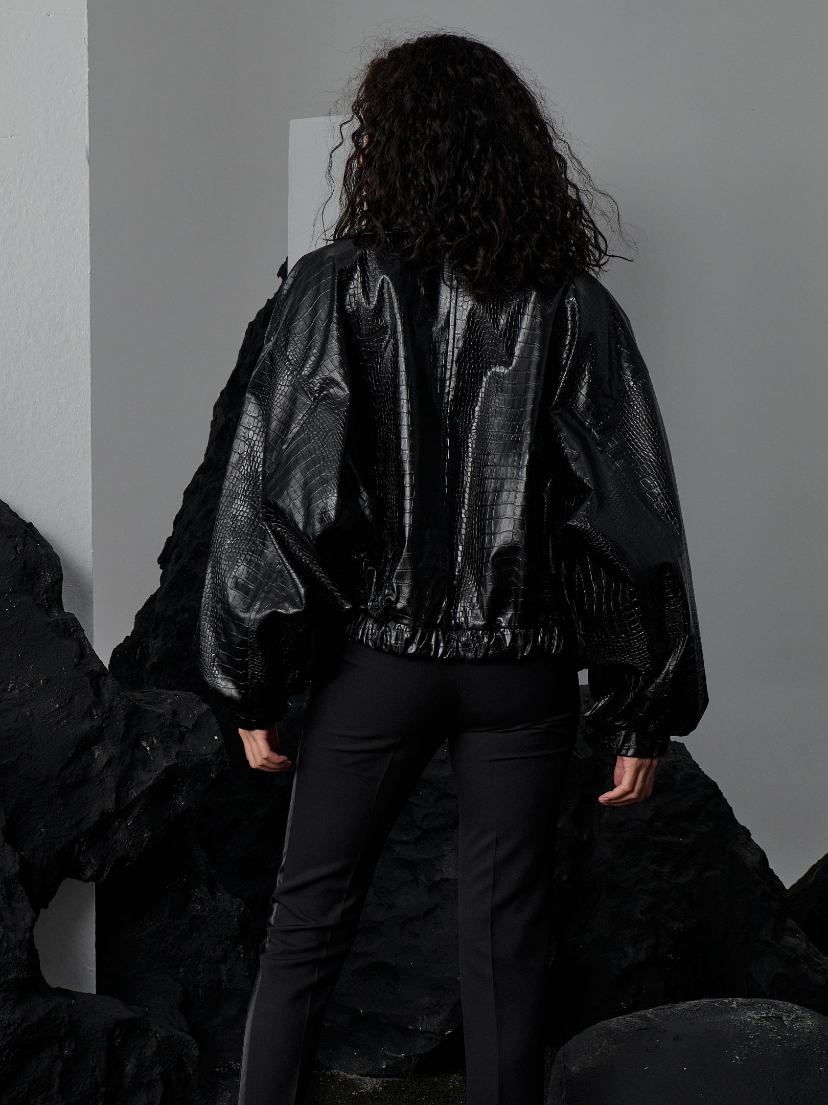 Croc Oversized Bomber Vegan Leather Jacket - Black - Rivus