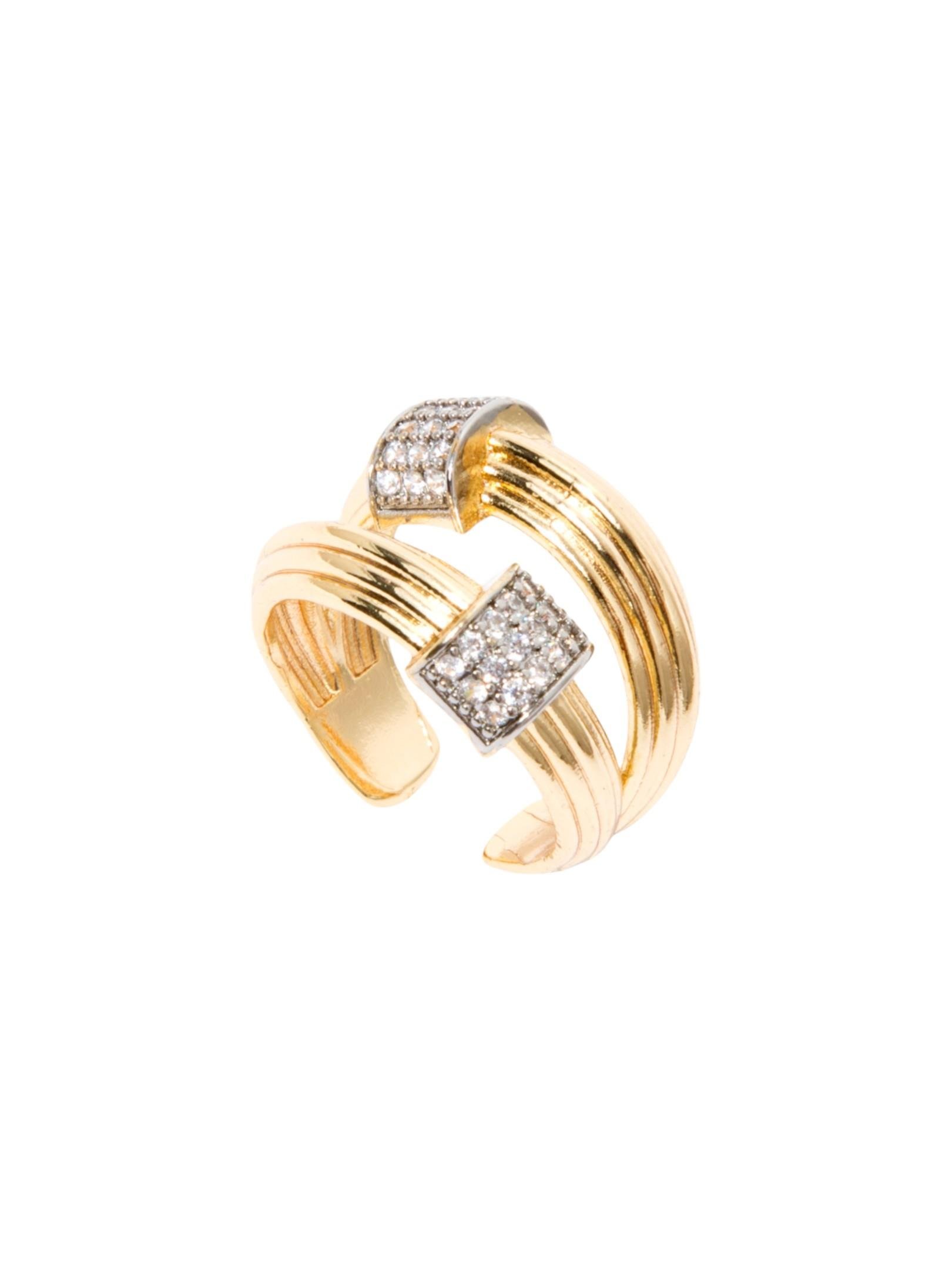 Line Engraved Crystal Beaded Thick Ring Gold
