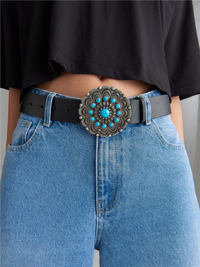 LEATHER BELT WITH TURQUOISE STONE MOTIF - Black