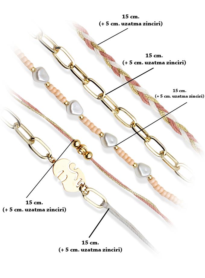 Beşli Kombin Pembe Boncuklu Bileklik
