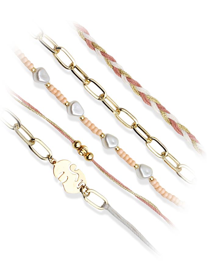 Beşli Kombin Pembe Boncuklu Bileklik