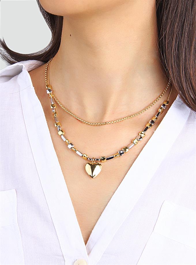 Çift Kordon Kalp ve Boncuk Dizi Kolye