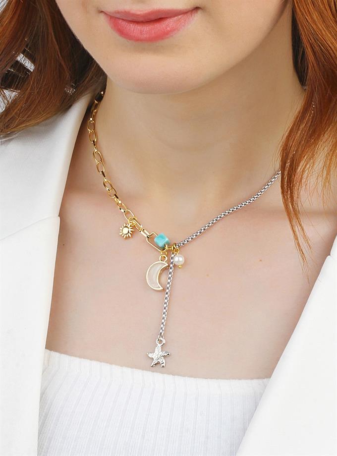 Çift Renk Zincir Çoklu Obje Kolye