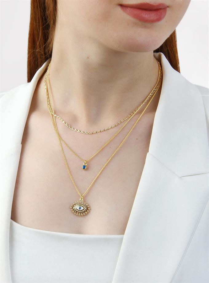 Göz ve Nazar Boncuğu Üçlü Kolye