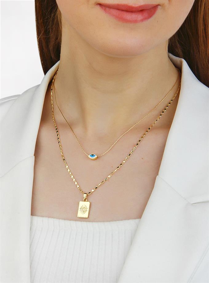 İkili Madalyon Detay Zincir Kolye