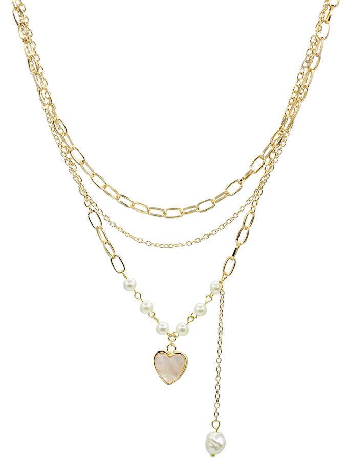 Kalp Detay İnci Çoklu Zincir Kolye