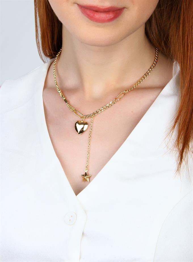 Kalp ve Yıldız Detay Zincir Kolye Gold