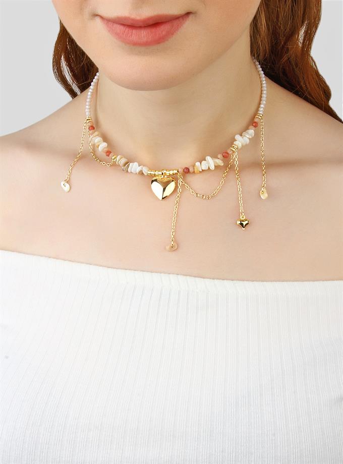 Kırık Taş Kalp Detay Tasma Kolye