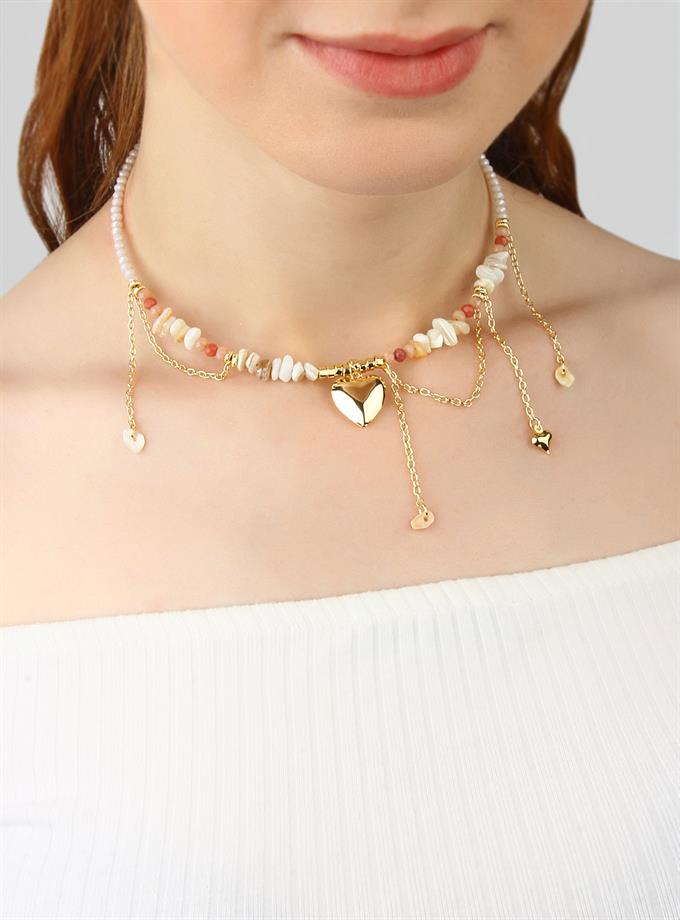 Kırık Taş Kalp Detay Tasma Kolye