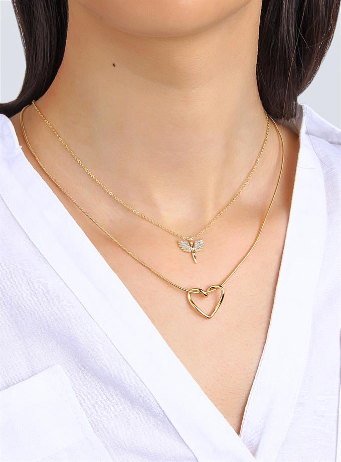 Taşlı Melek ve Kalp Obje İkili Kolye