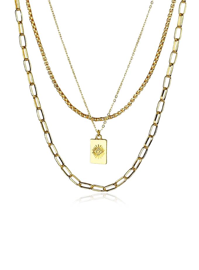 Üçlü Zincir Obje Detay Gold Kaplama Kolye
