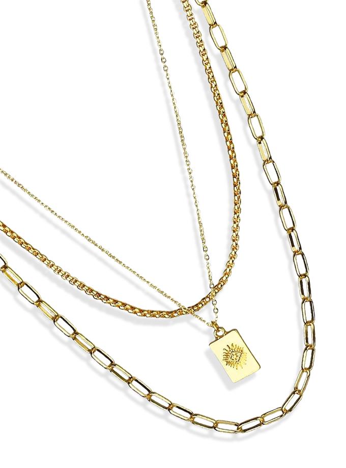 Üçlü Zincir Obje Detay Gold Kaplama Kolye
