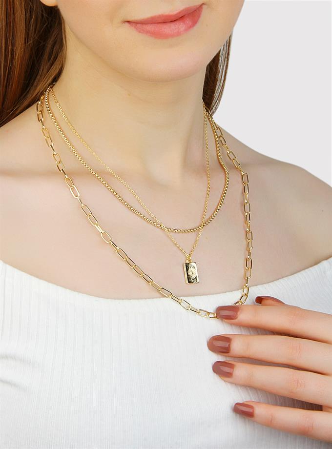 Üçlü Zincir Obje Detay Gold Kaplama Kolye