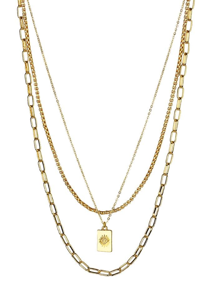 Üçlü Zincir Obje Detay Gold Kaplama Kolye