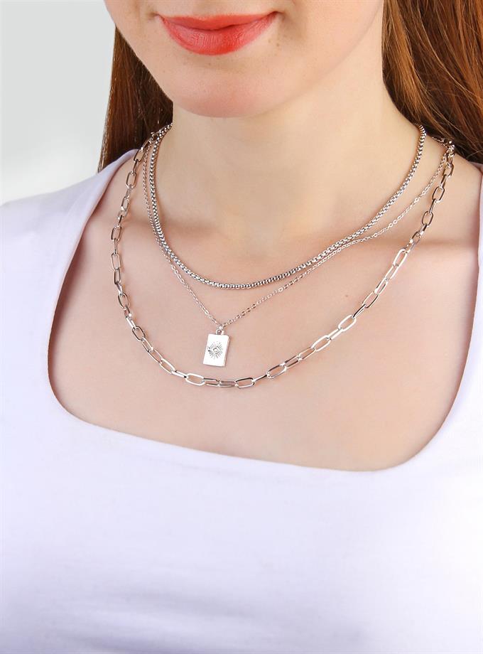 Üçlü Zincir Obje Detay Gümüş Renk Kolye