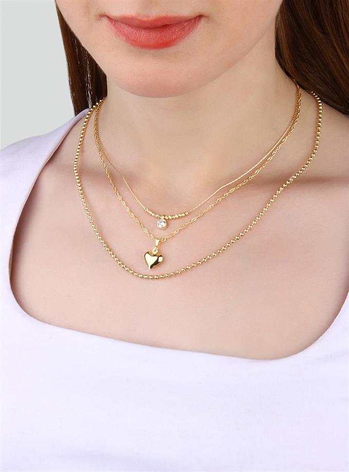 Üçlü Zincir Taş ve Kalp Kolye