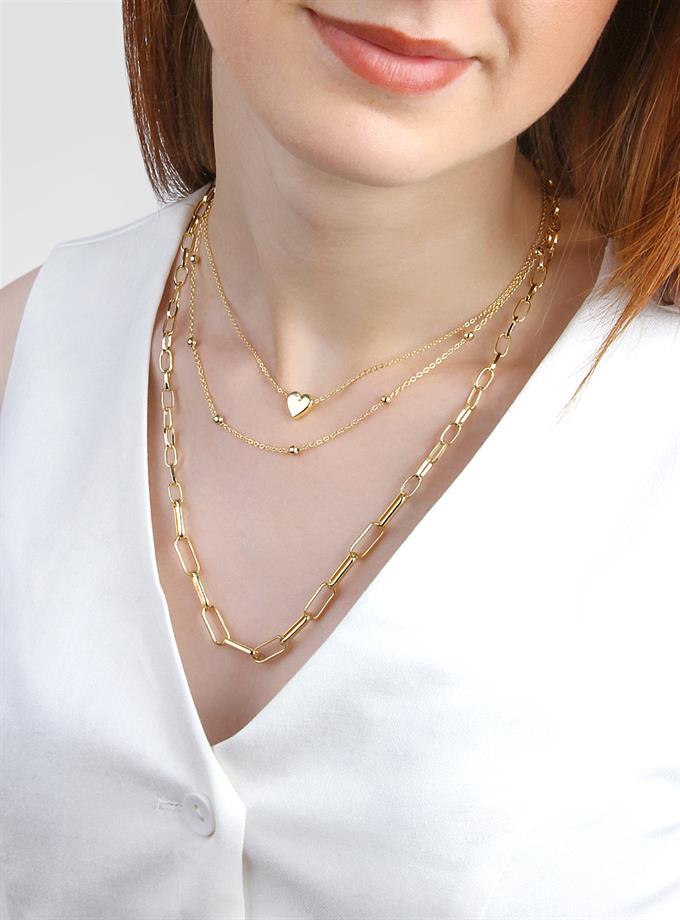 Üçlü Zincir Tasarım Kalp Detay Kolye