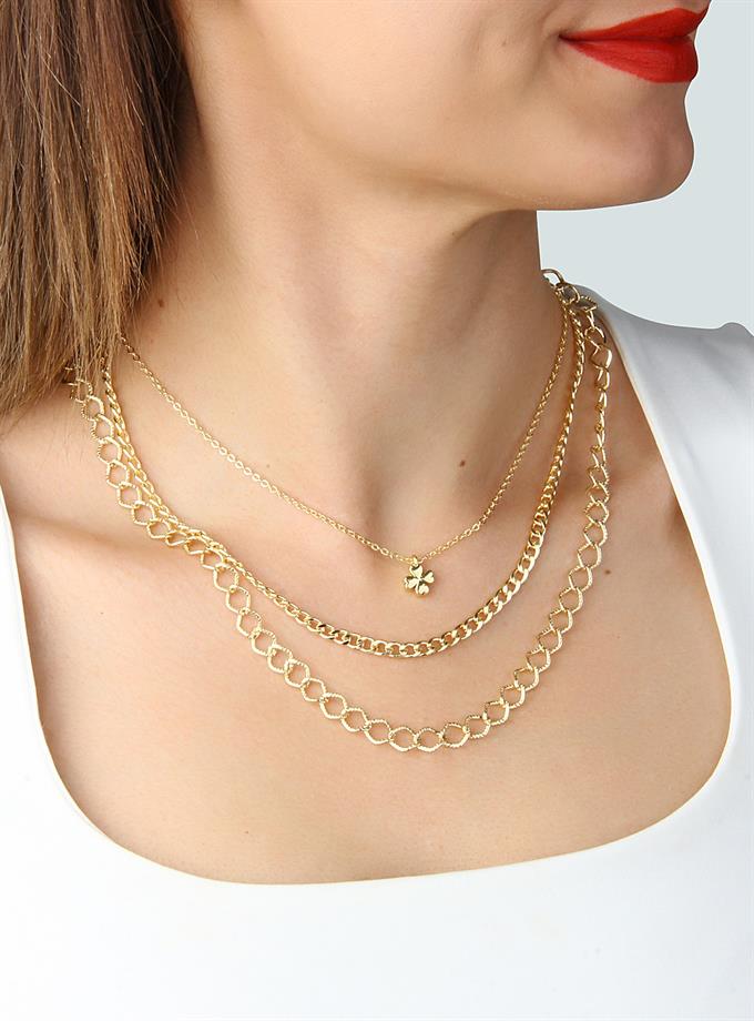 Yonca Detay Üçlü Zincir Şans Kolyesi