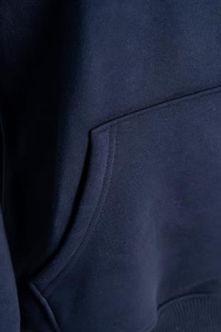  Unisex Kapüşonlu Cep Detaylı Üç İplik Sweatshirt - Lacivert