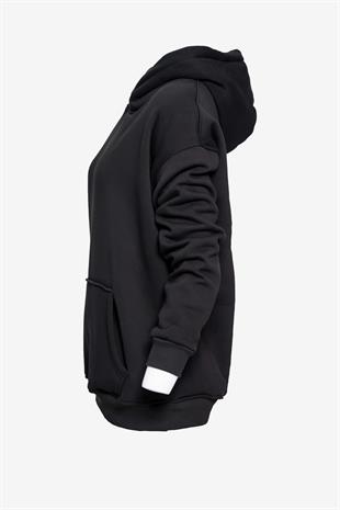  Unisex Kapüşonlu Cep Detaylı Üç İplik Sweatshirt - Siyah