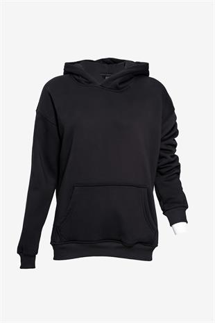  Unisex Kapüşonlu Cep Detaylı Üç İplik Sweatshirt - Siyah