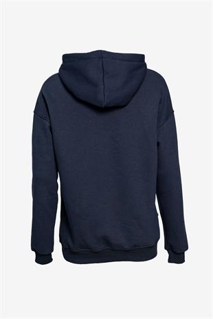  Unisex Kapüşonlu Cep Detaylı Üç İplik Sweatshirt - Lacivert