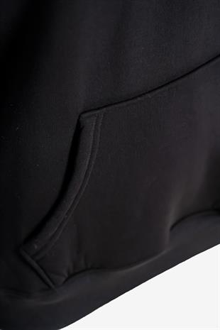  Unisex Kapüşonlu Cep Detaylı Üç İplik Sweatshirt - Siyah