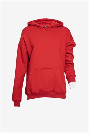  Unisex Kapüşonlu Cep Detaylı Üç İplik Sweatshirt - Kırmızı