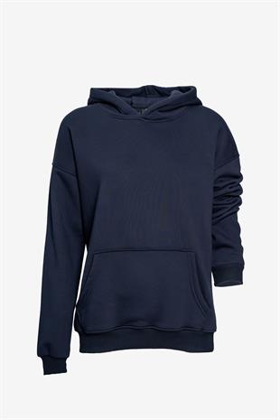  Unisex Kapüşonlu Cep Detaylı Üç İplik Sweatshirt - Lacivert