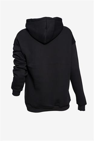  Unisex Kapüşonlu Cep Detaylı Üç İplik Sweatshirt - Siyah
