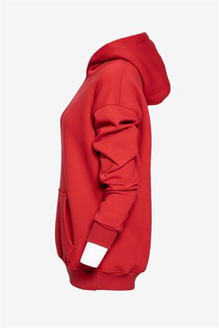  Unisex Kapüşonlu Cep Detaylı Üç İplik Sweatshirt - Kırmızı