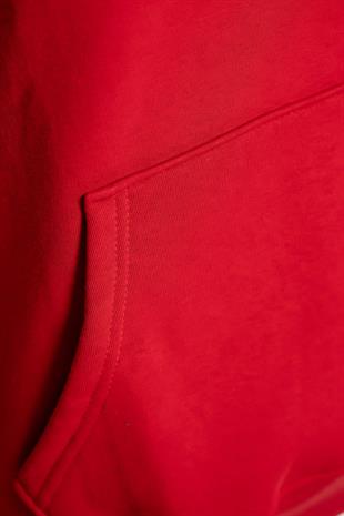  Unisex Kapüşonlu Cep Detaylı Üç İplik Sweatshirt - Kırmızı