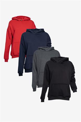  Unisex Kapüşonlu Cep Detaylı Üç İplik Sweatshirt - Siyah