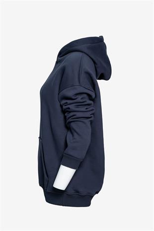  Unisex Kapüşonlu Cep Detaylı Üç İplik Sweatshirt - Lacivert