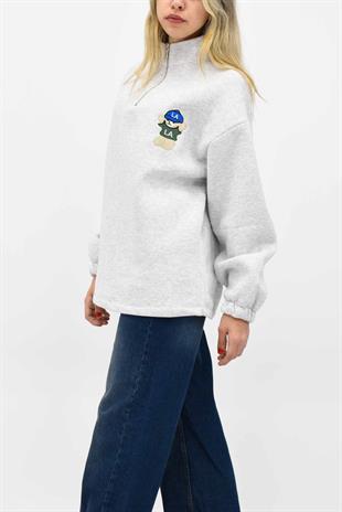 Ayıcık Nakışlı Fermuarlı Sweatshirt - Gri