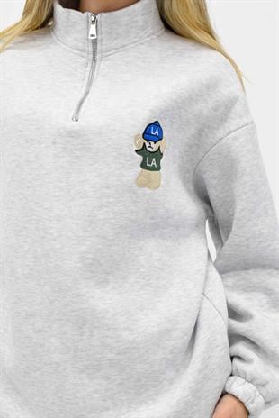 Ayıcık Nakışlı Fermuarlı Sweatshirt - Gri